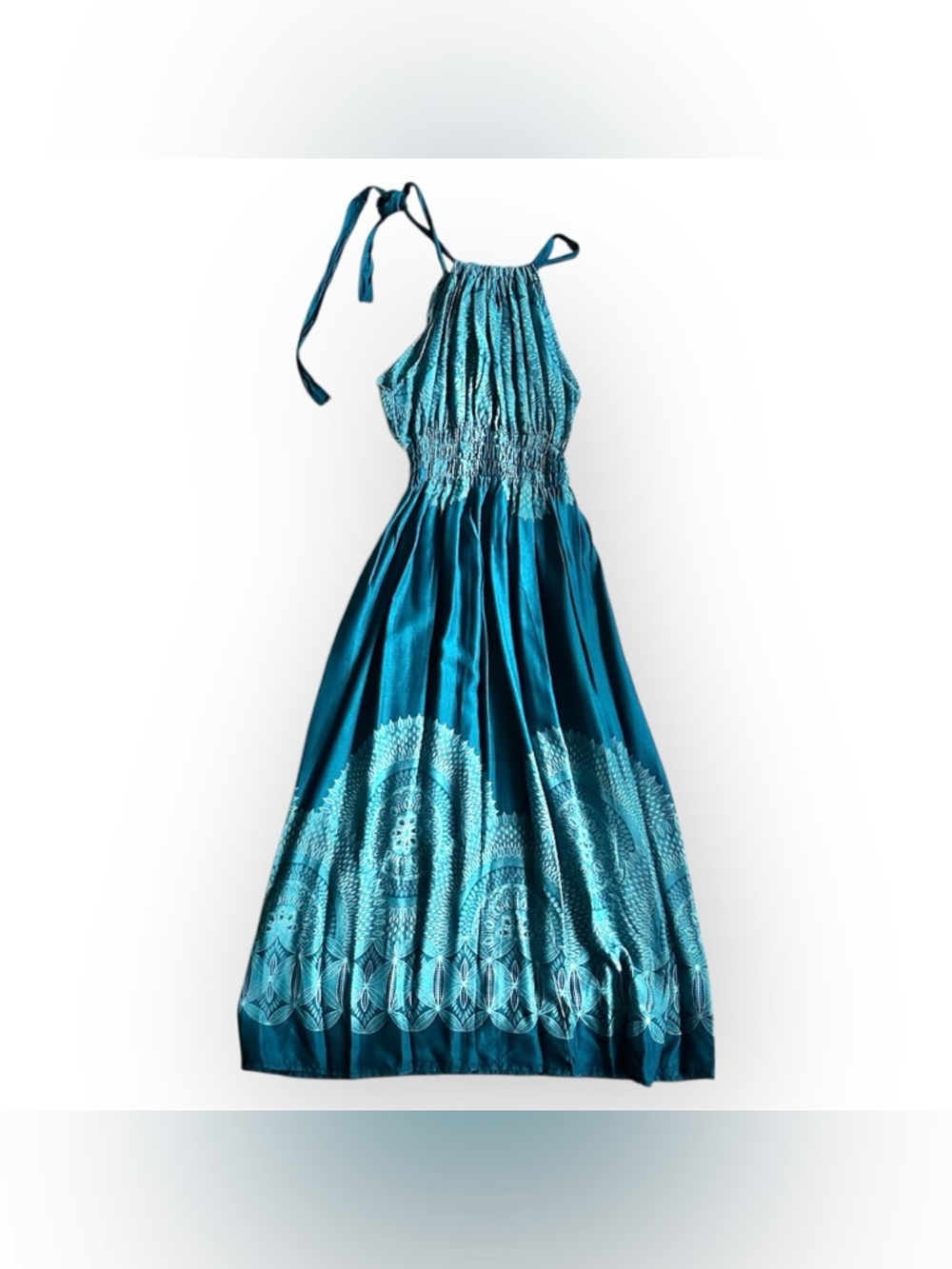 Turquoise paisley patterned halter summer dress, small-medium